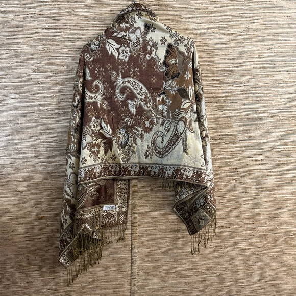 Pashmina Scarf Shawl Floral Paisley Cream Brown Cashmere Silk Soft 28.5”x 66” - Picture 2 of 10